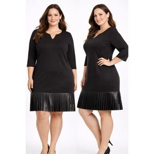Sami & Jo Plus Size 16W Blk Sheath Dress Faux Leather Pleated Hem Notched V-Neck